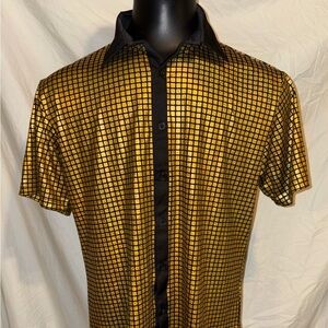 Jogal Mens Gold Metallic Shiny Disco Dance Club Retro Short Sleeve Shirt Medium